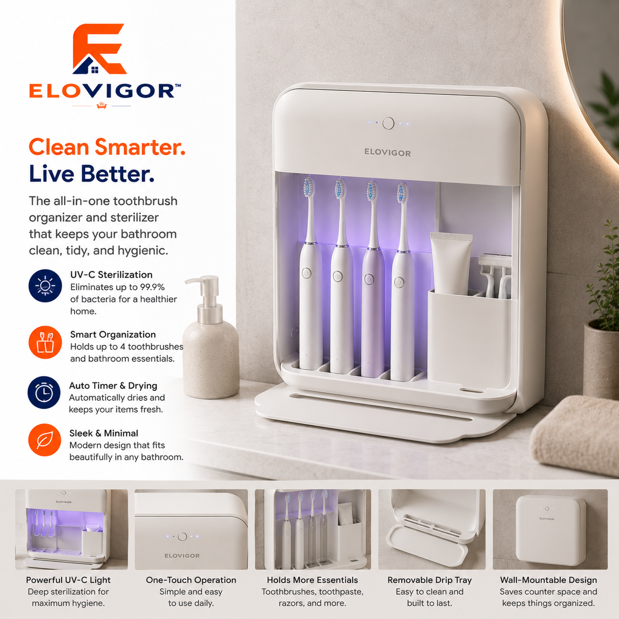 ELOVIGOR™ PureGuard UV Smart Toothbrush Station